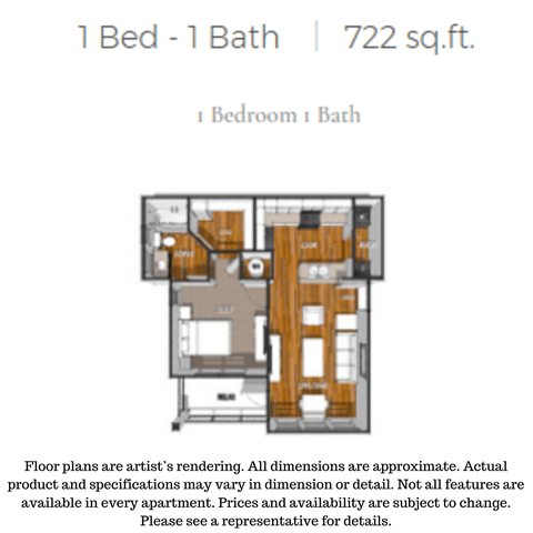 Floor plan for 1 bed, 1 bath, 722 sqft